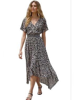 CeCe Black Floral V-Neck Smocked Waist High-Low Dress